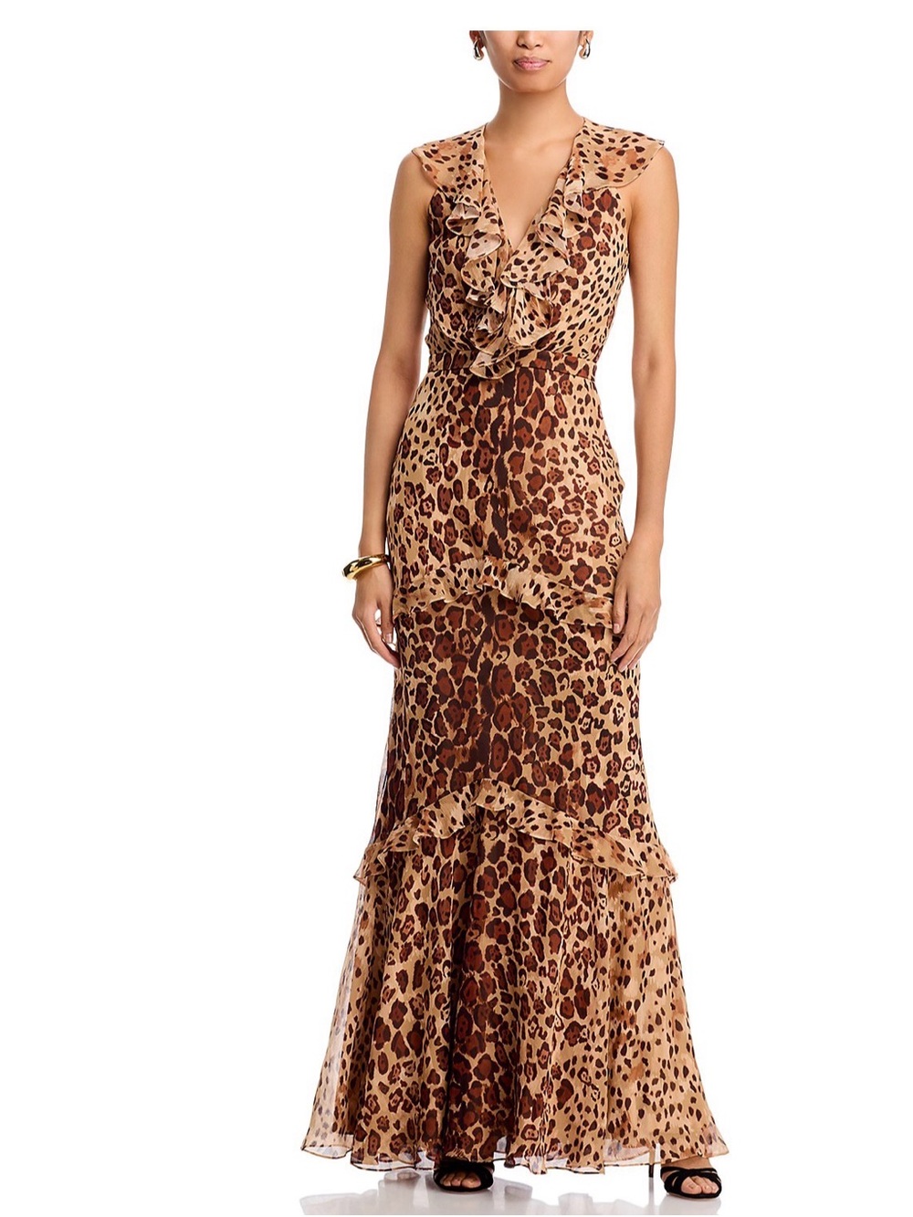 SALONI Leopard-Print Ruffle V‑Neck Maxi Dress - Tan, Brown